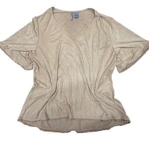 New Directions‎ Weekend Faux Suede V-Neck Pom Trim Top Blouse XL